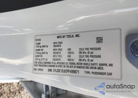 2023 Tesla Model 3 Rear-Wheel Drive z USA, uszkodzony, nr VIN 5YJ3E1EA2PF499871
